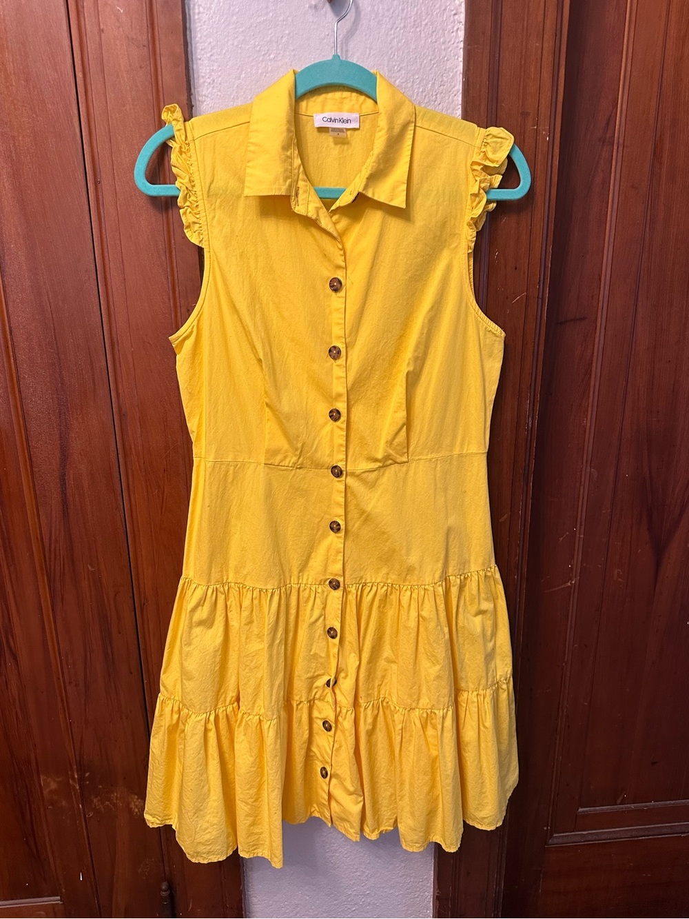 Calvin Klein Bright Yellow Button-Front Tiered Dress 100% cotton